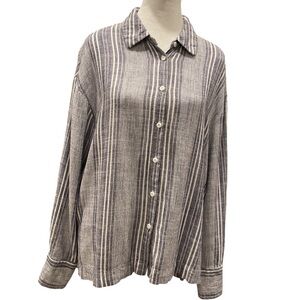 DEX M Rayon/linen blend blue/white vertical stripe long sleeve button up shirt